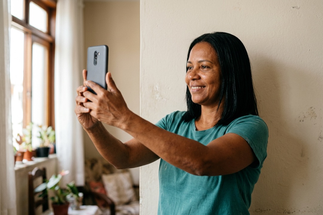 Mulher segurando o celular à frente do rosto para tirar a foto do perfil, em frente a uma parede clara perto da janela