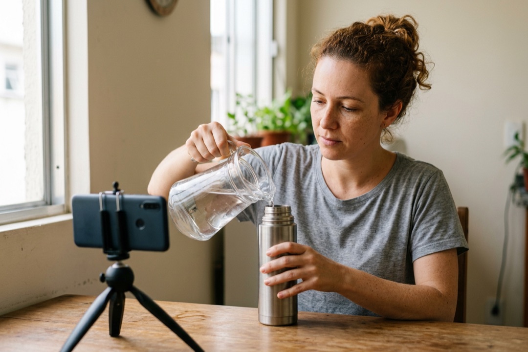 Mulher enchendo uma garrafa térmica diante de um celular em tripé, gravando um vídeo de produto na mesa da cozinha