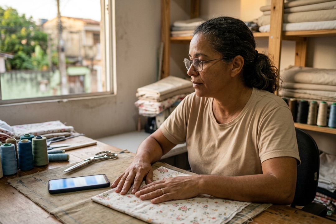 Costureira sentada à mesa, com as mãos paradas, olhando o celular com atenção enquanto espera o cliente terminar.