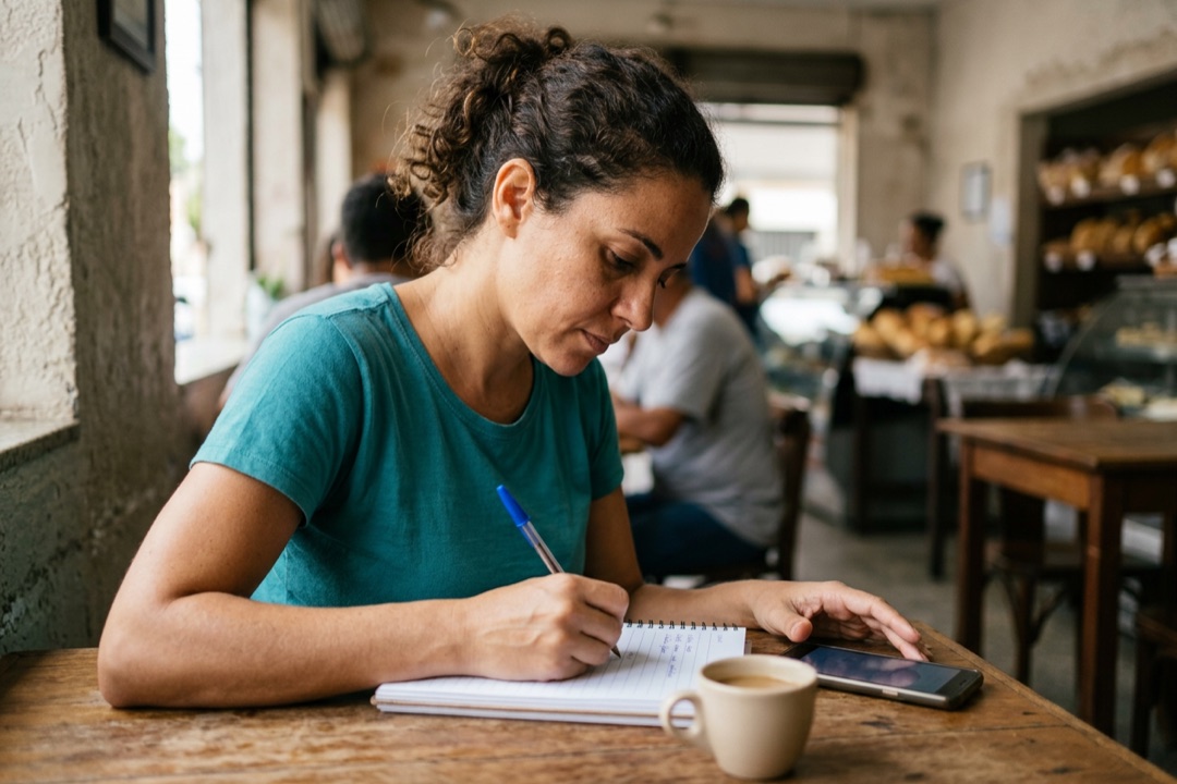 Mulher anotando palavras num caderno, com o celular na outra mão, numa mesa de padaria