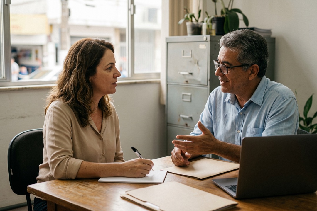 Mulher anota enquanto um contador conversa com ela em um pequeno escritório de contabilidade.