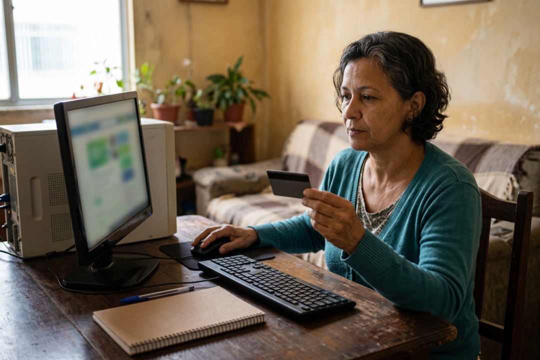Mulher sentada à mesa da sala, com um cartão de banco na mão e a outra mão no mouse do computador.