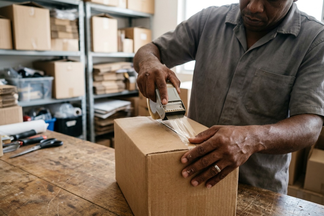 Mãos de um homem fechando com fita uma caixa de papelão numa mesa de embalagem em um pequeno estoque