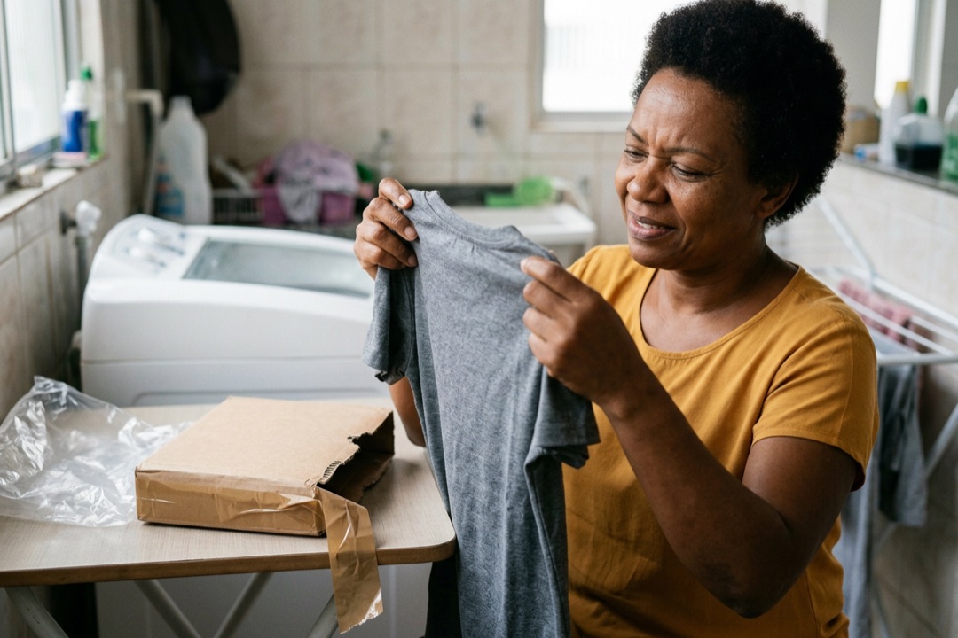 Mulher confere de perto a costura de uma camiseta recém-saída de uma caixa de papelão aberta