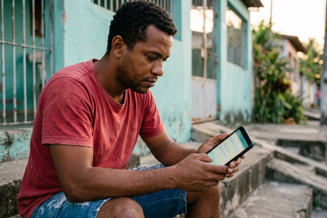 Homem sentado na entrada de casa digitando no celular uma lista de temas para o canal