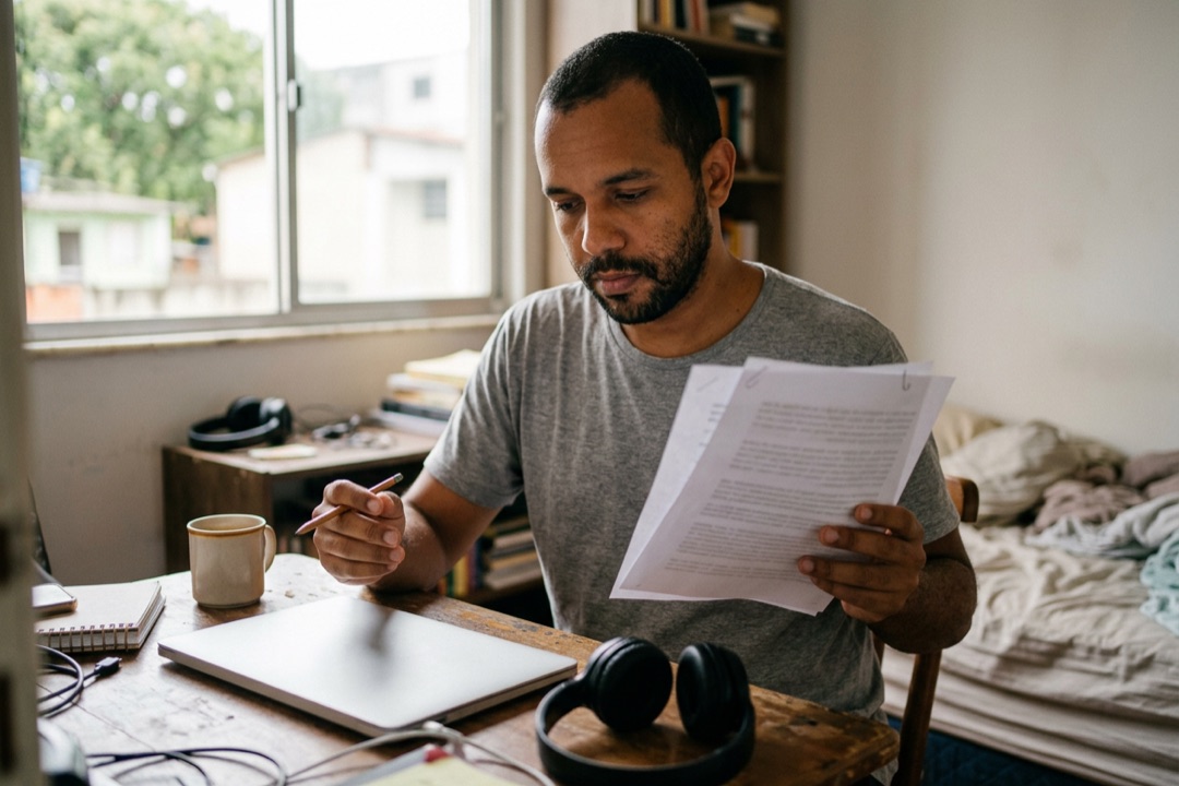 Homem em escritório improvisado no quarto revisando roteiro impresso com um lápis na mão