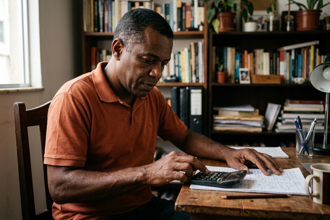 Homem sentado à mesa faz contas com uma calculadora e uma folha de papel rabiscada ao lado.