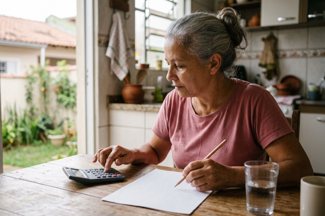 Mulher de cabelo grisalho faz uma conta na calculadora à mesa da cozinha, com lápis e papel ao lado