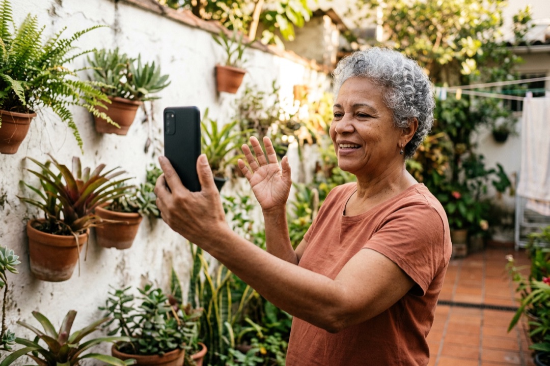 Mulher grisalha grava um vídeo curto com o celular no quintal de casa, entre vasos de plantas.