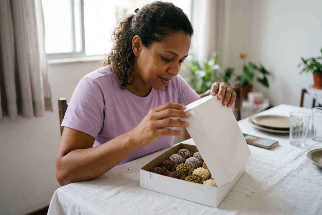 Mulher abre sobre a mesa uma caixa com doze brigadeiros de quatro sabores, como no exemplo da legenda em AIDA.