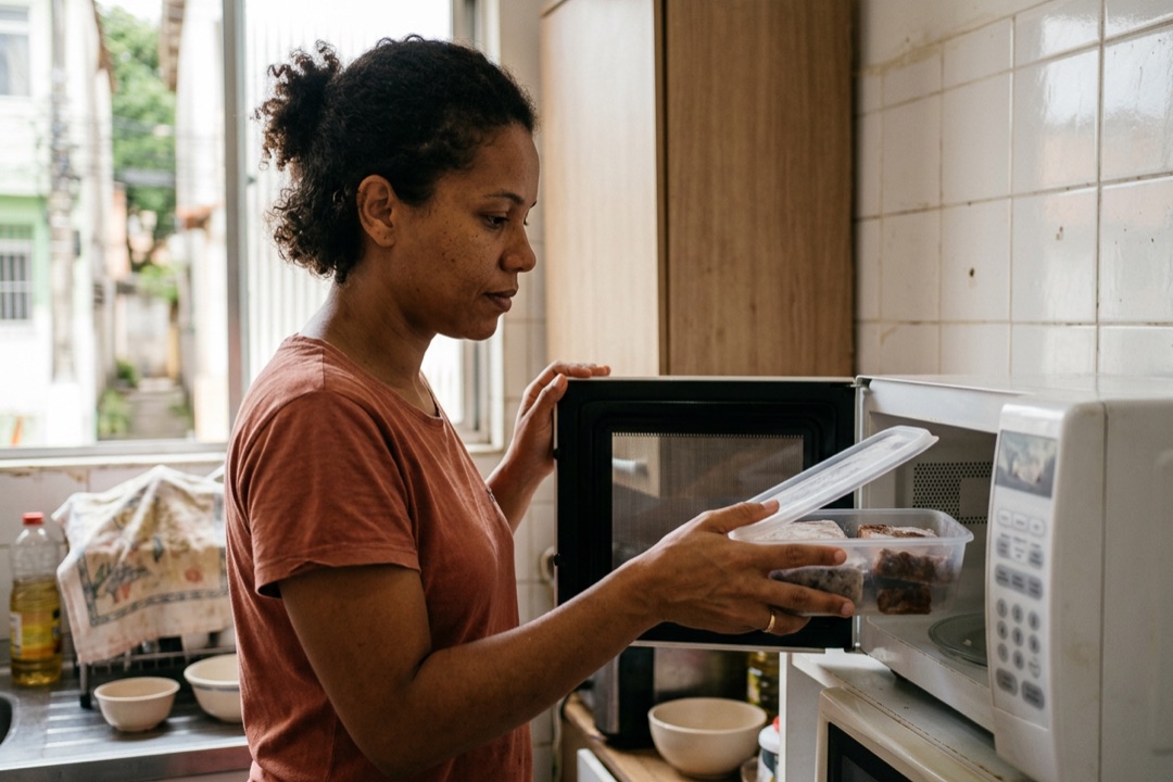 Mulher coloca uma marmita congelada com um canto da tampa aberto no micro-ondas da cozinha de casa.