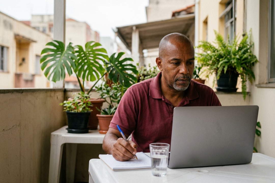 Homem na varanda confere a lista no notebook e anota dúvidas num bloco de papel