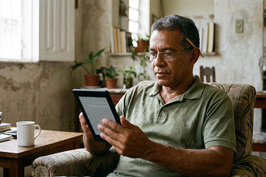 Homem de meia-idade lê um livro digital num leitor de e-book, sentado numa poltrona na sala de casa.
