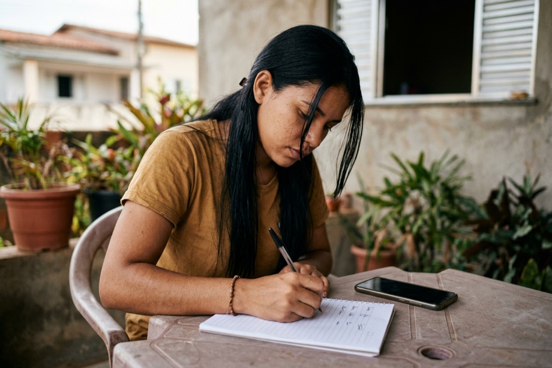 Mulher escrevendo à mão um resumo de cinco linhas num bloco de papel, numa varanda, com o celular ao lado