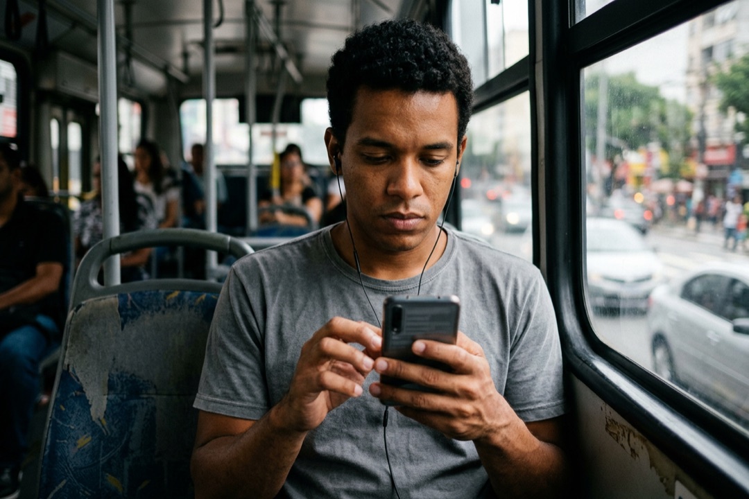Homem com fones de ouvido num ônibus, olhando o celular com atenção para revisar um texto.