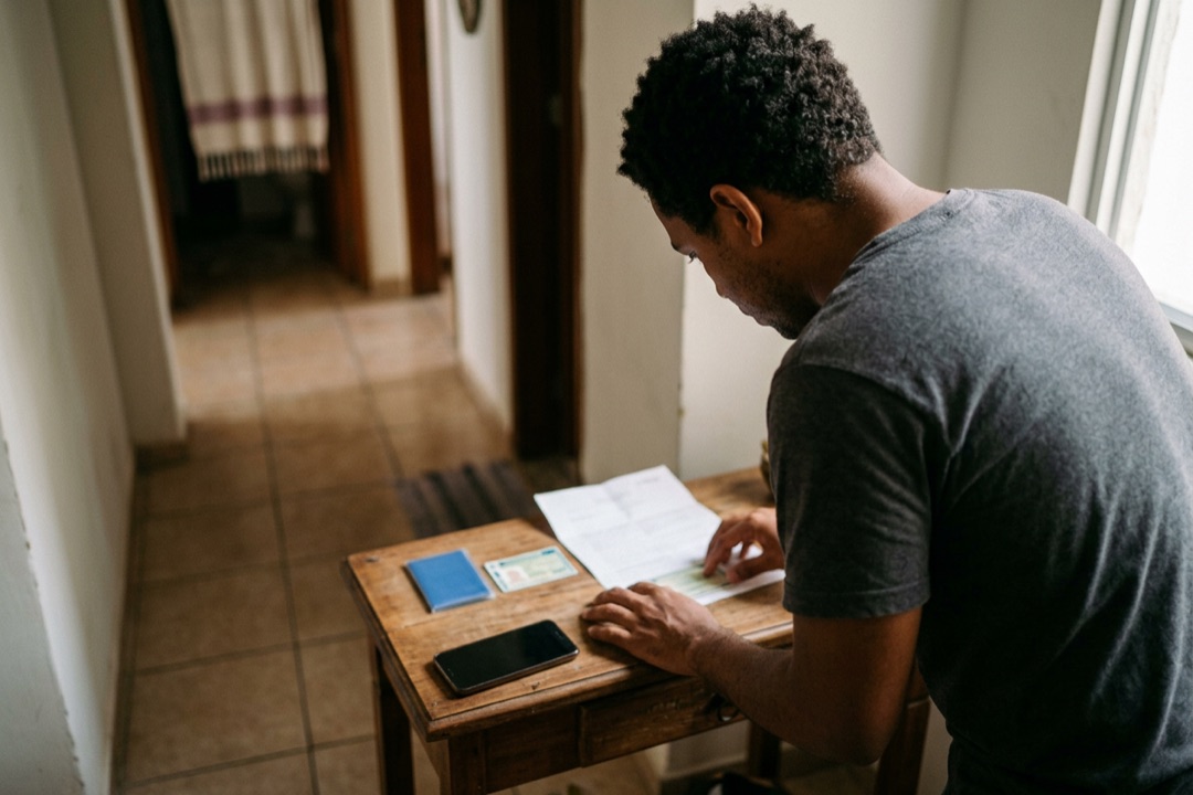 Homem organiza documentos de identidade e um comprovante sobre a mesa antes de se cadastrar