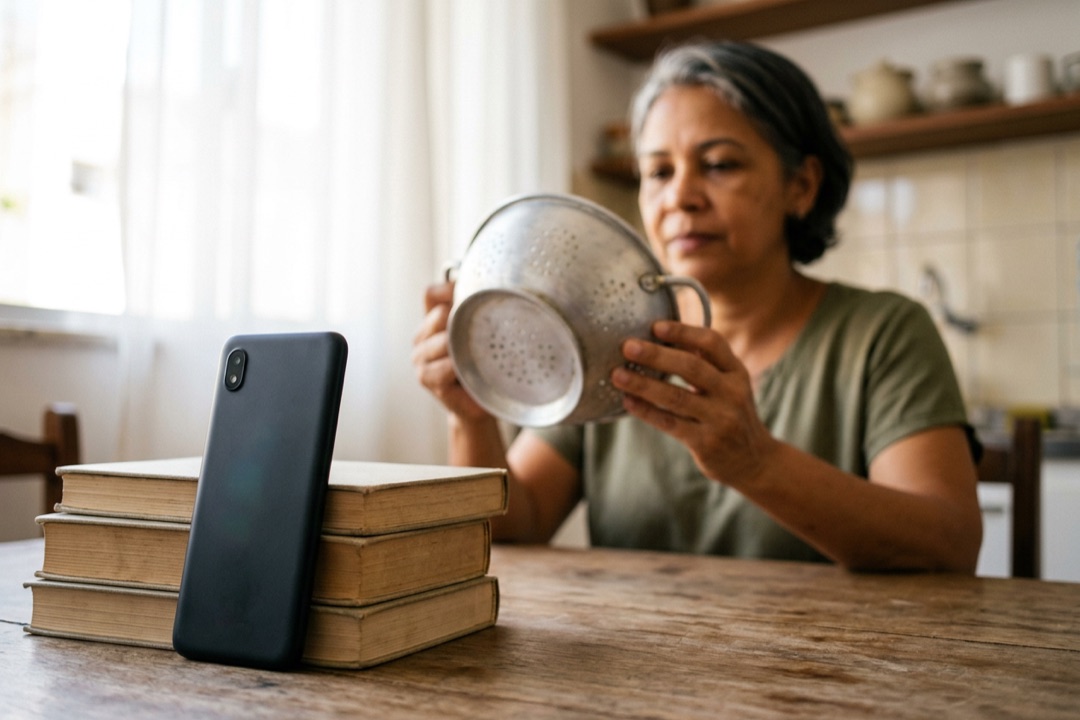 Celular apoiado em uma pilha de livros sobre a mesa da cozinha, apontado para uma mulher segurando um utensílio