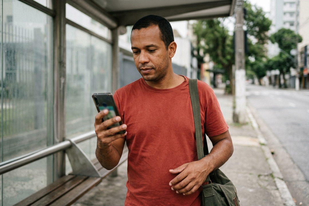 Homem de pé em um ponto de ônibus lendo algo no celular com uma mão só.