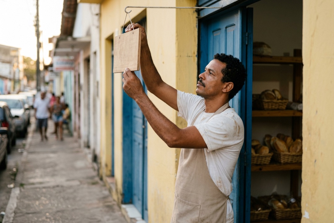 Padeiro pendurando uma placa de madeira na porta de uma pequena padaria de bairro