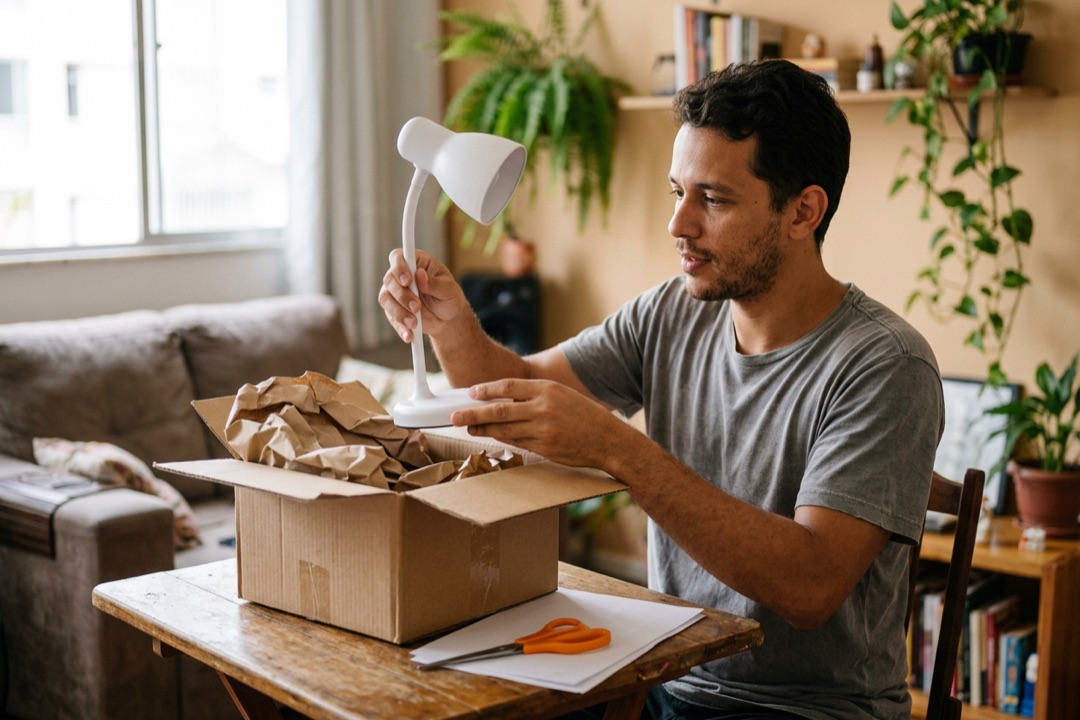 Homem abre a caixa de papelão e confere uma luminária de mesa de LED recebida como amostra, sobre uma mesa de madeira.