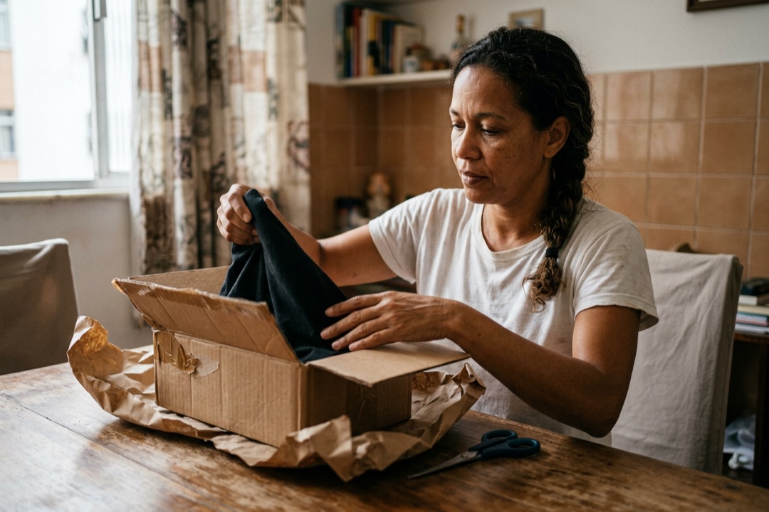Mulher abre numa mesa de jantar uma caixa de papelão recebida e examina o produto que veio dentro.