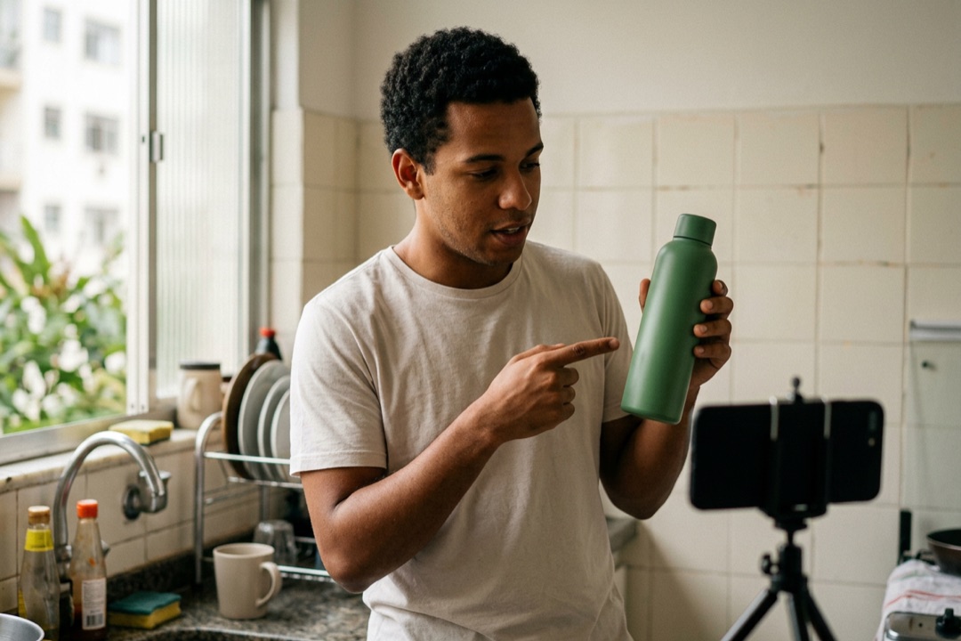 Homem em uma cozinha simples segura uma garrafa na mão enquanto grava um vídeo do produto com o celular num tripé.