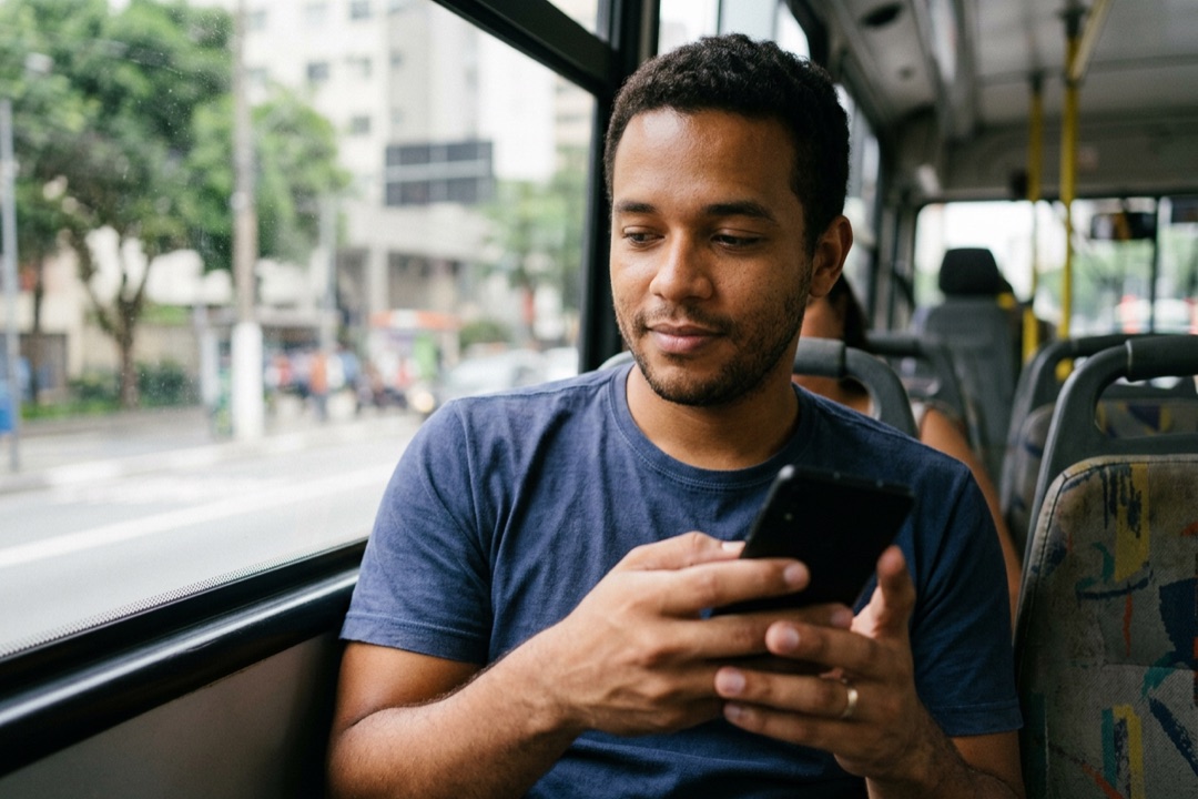 Homem sentado em um ônibus segura o celular e toca na tela para testar os botões da sua página de links.