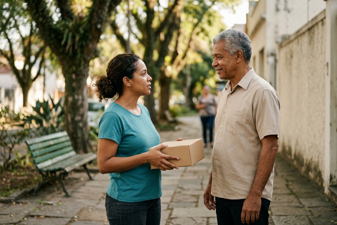 Mulher mostra uma caixa de papelão a um senhor e conversa olhando nos olhos dele, numa praça de bairro
