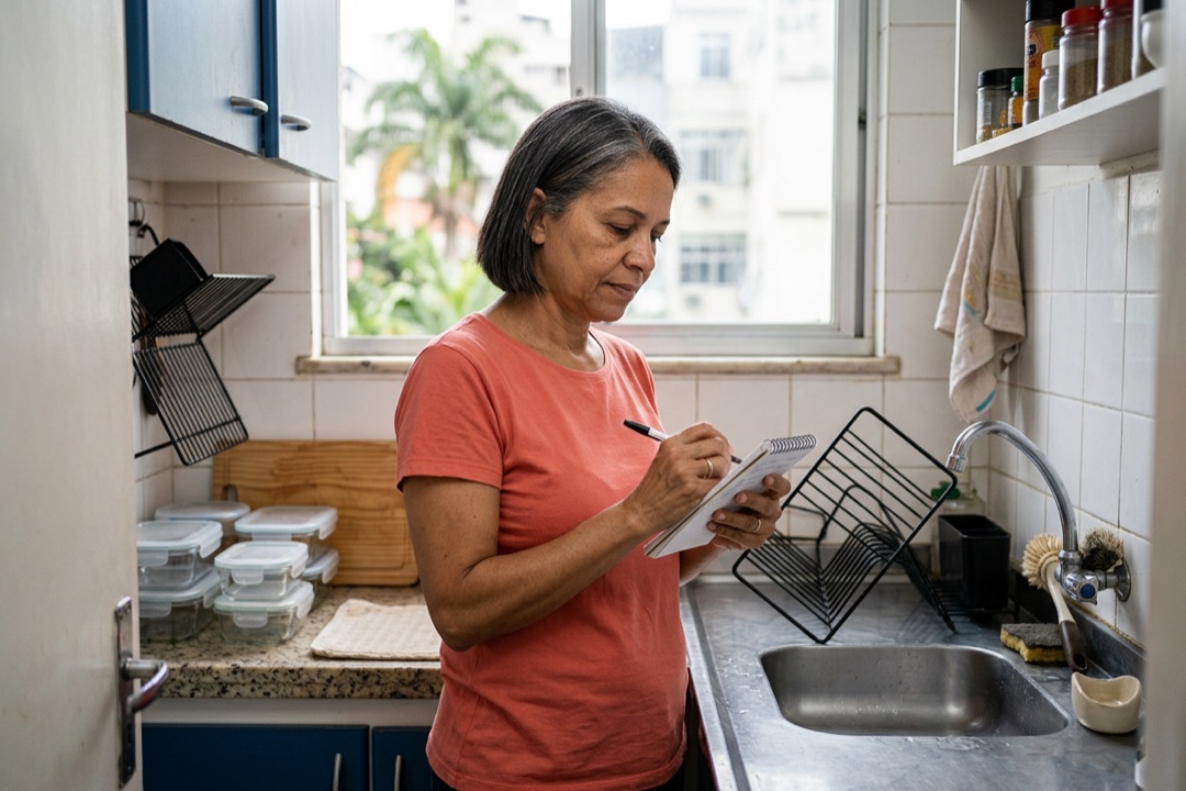 Mulher de meia-idade na cozinha segura um escorredor dobrável e anota num bloco o que acha dos utensílios.