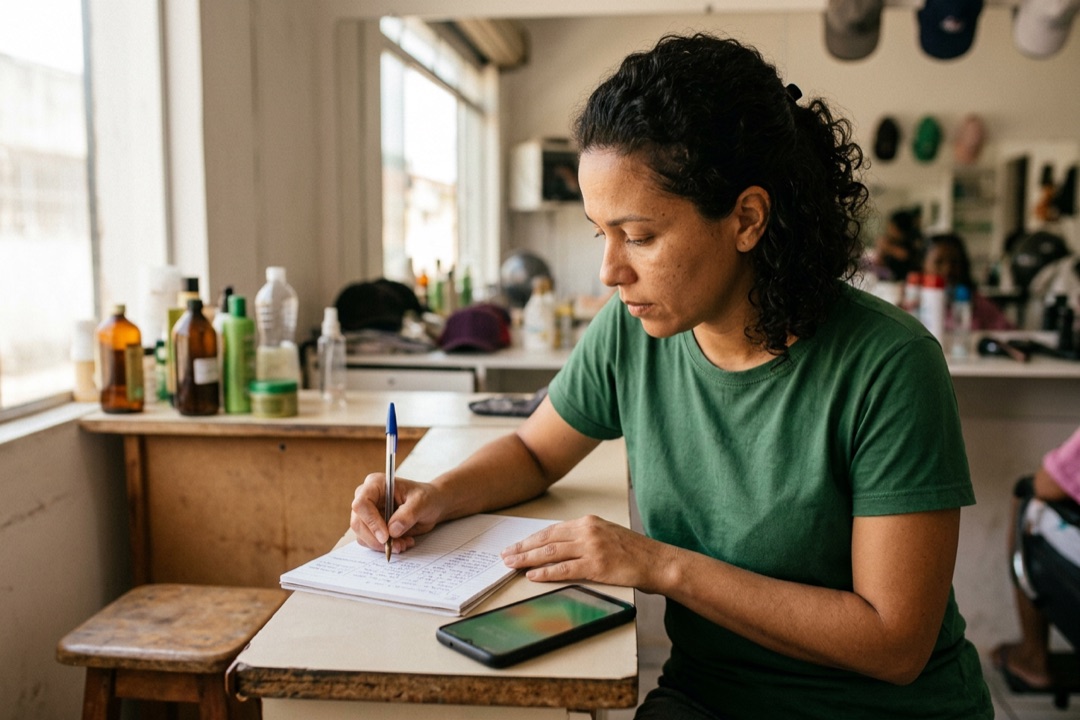Mulher na recepção de um salão anota numa folha, com caneta, dados de três e-books vistos no celular ao lado.