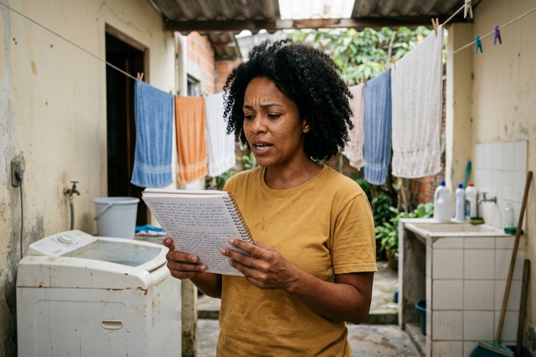 Mulher lendo em voz alta o texto de um caderno, em pé na área de serviço de casa