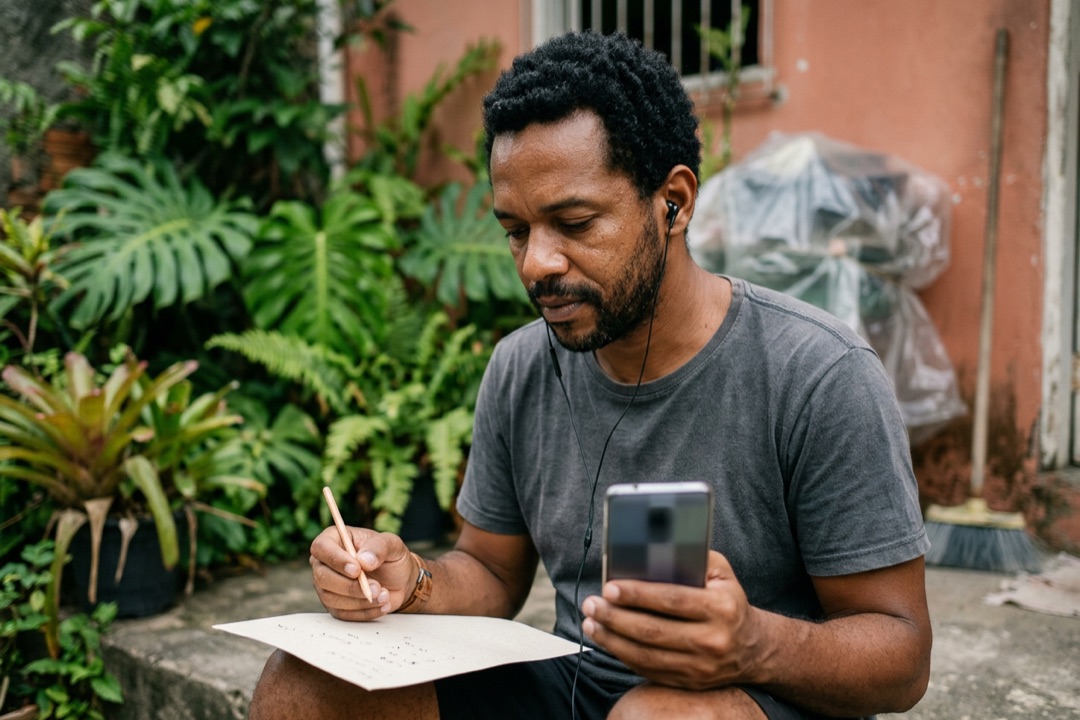 Homem ouvindo um áudio no celular com fones de ouvido e anotando num papel, sentado na porta dos fundos de casa.