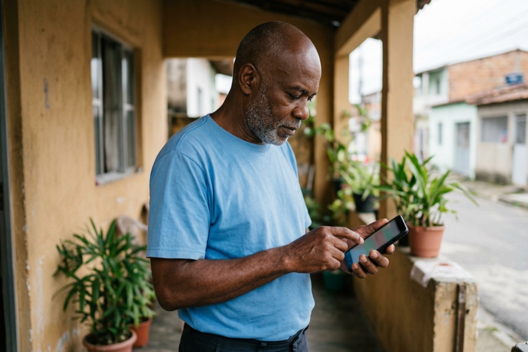 Homem em varanda testa no celular simples o link do anúncio, usando dados móveis