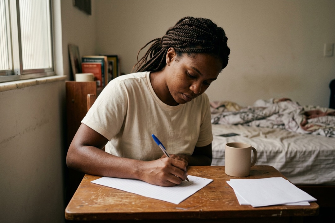 Mulher anotando regras em um caderno ao lado do celular, sobre a mesa da cozinha