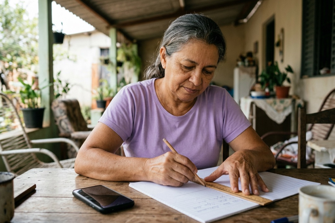 Mulher mais velha numa varanda desenhando uma linha do tempo a lápis numa folha de papel, com o celular ao lado.