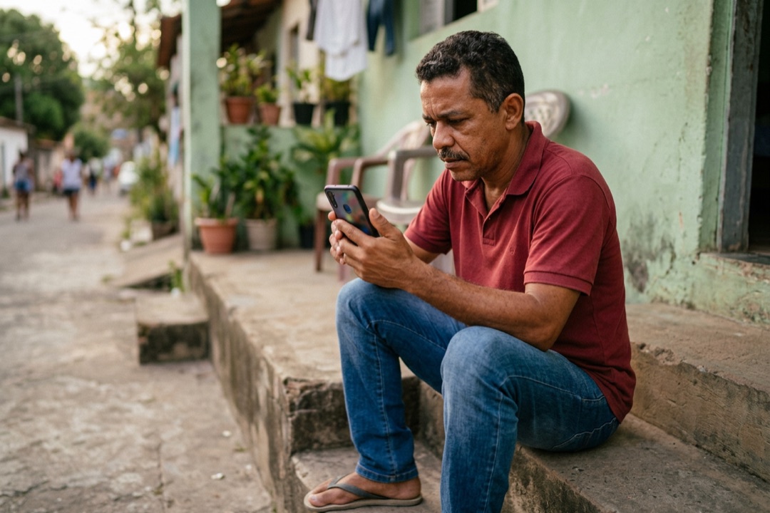 Homem sentado na soleira de casa lendo com atenção algo no celular, de testa franzida