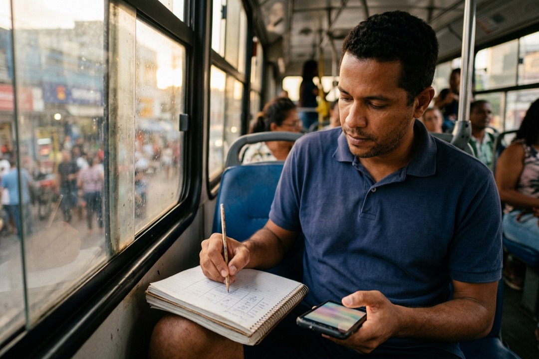 Homem sentado no ônibus anota em um caderno, com o celular na outra mão, os dados que compara de cada produto.