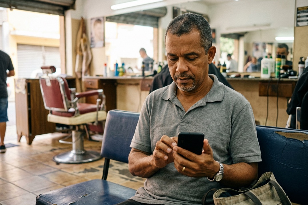 Homem sentado num banco de barbearia digitando no celular para preencher um cadastro