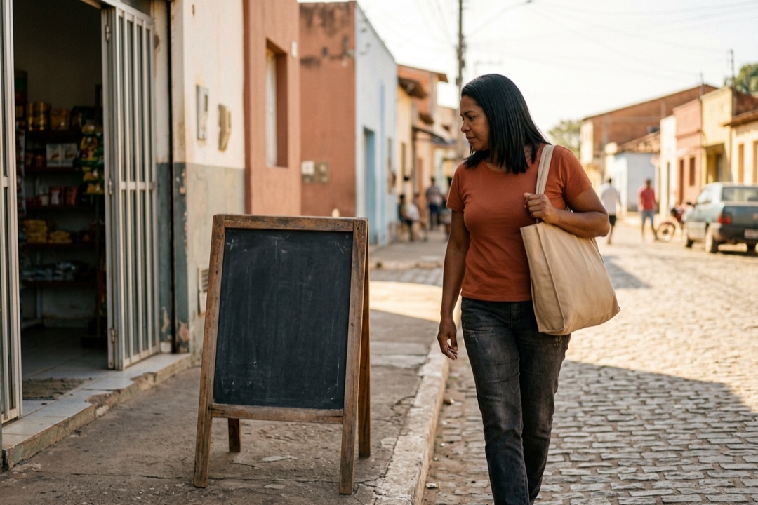 Mulher caminhando na calçada olha para uma placa de madeira na porta de uma pequena loja