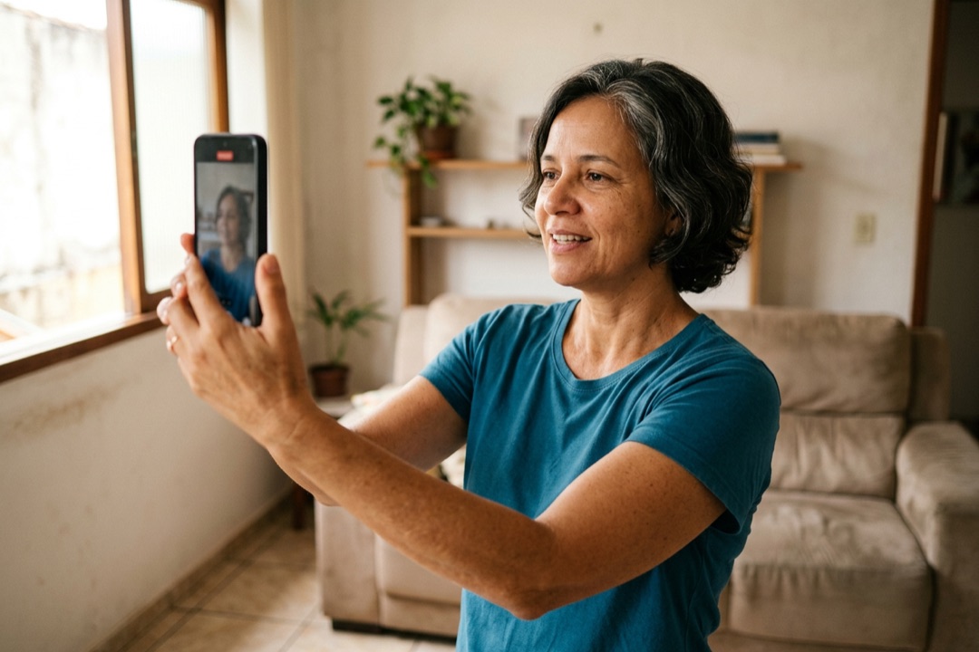 Mulher em sala simples segura o celular na vertical para se gravar, de frente para a janela com luz natural.