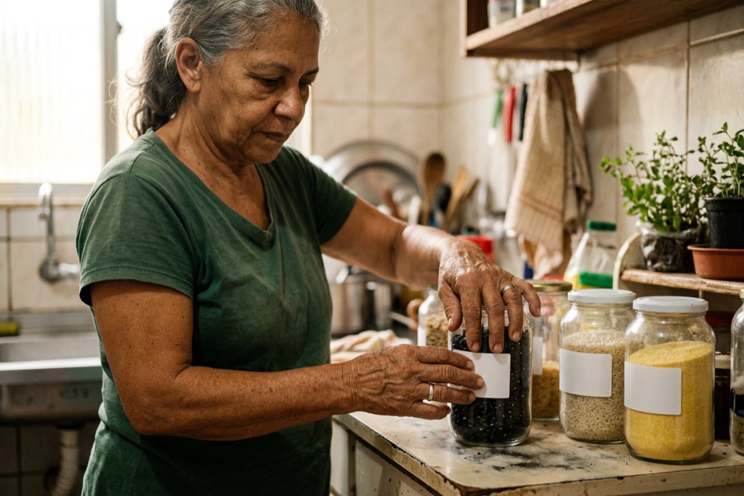 Mãos de uma senhora colando uma etiqueta em branco num pote de vidro na cozinha, como o Sub ID que identifica cada link